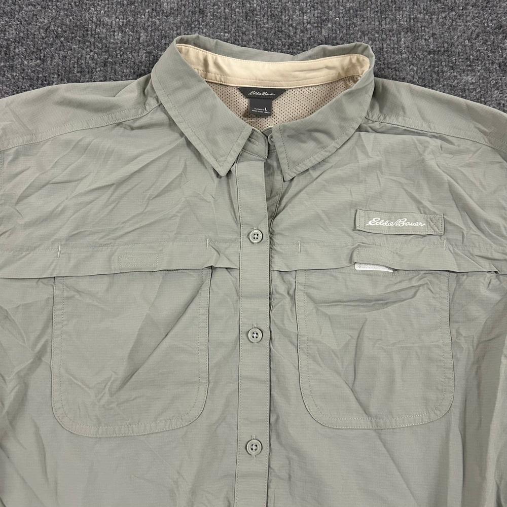 Eddie Bauer Hiking Shirt Womens Size L Sage Green Vented Back Outdoor Roll Tab